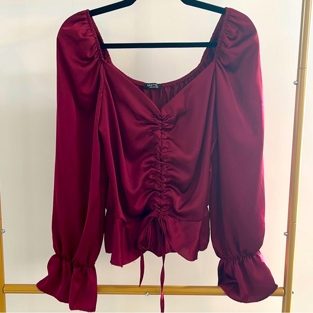 Nasty Gal flowy silky cinched crimson top